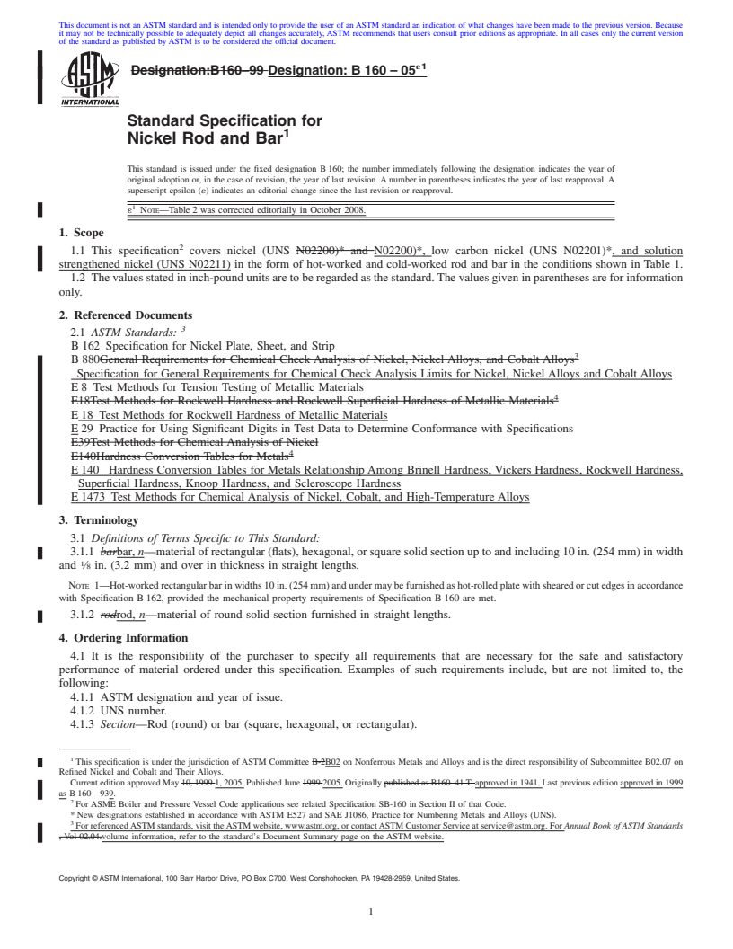 REDLINE ASTM B160-05e1 - Standard Specification for  Nickel Rod and Bar
