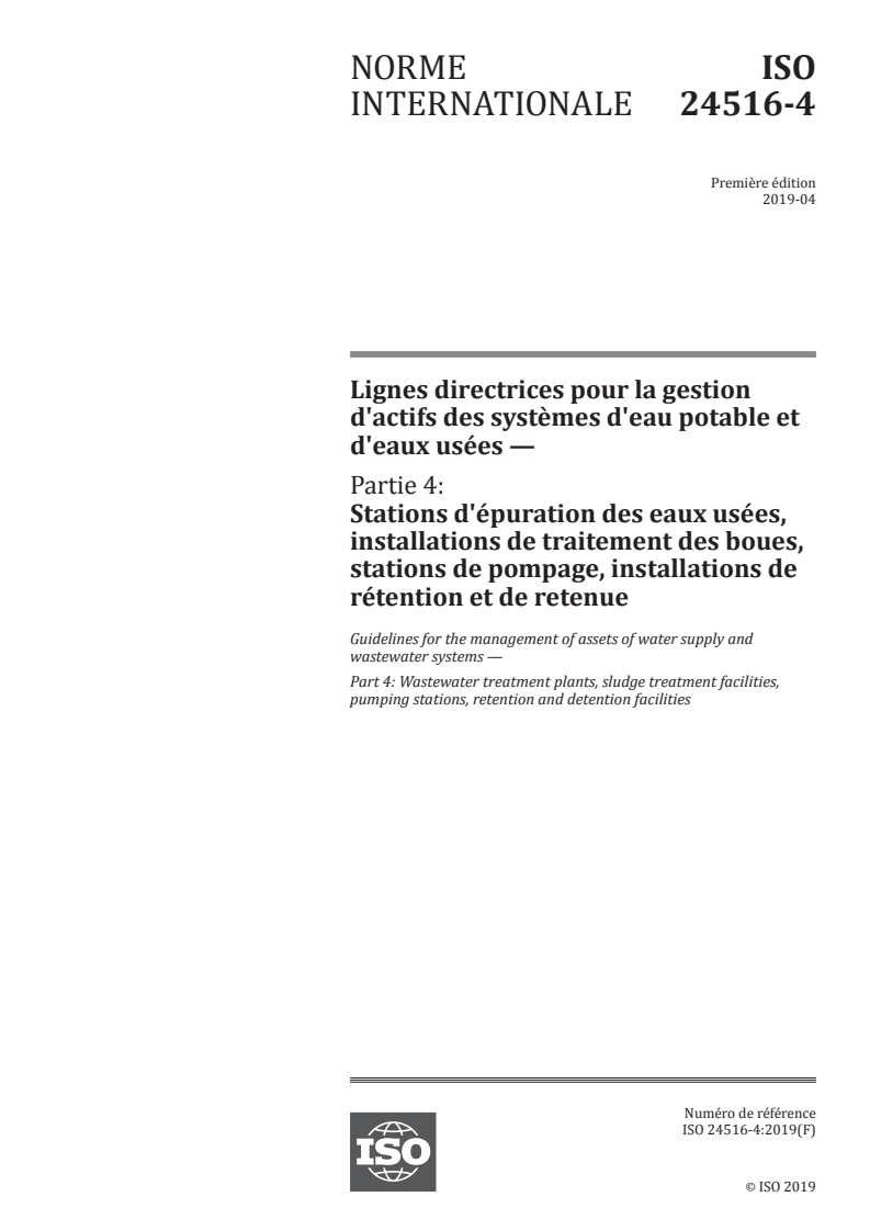 ISO 24516-4:2019 - Lignes directrices pour la gestion d'actifs des systèmes d'eau potable et d'eaux usées — Partie 4: Stations d'épuration des eaux usées, installations de traitement des boues, stations de pompage, installations de rétention et de retenue
Released:4/24/2019