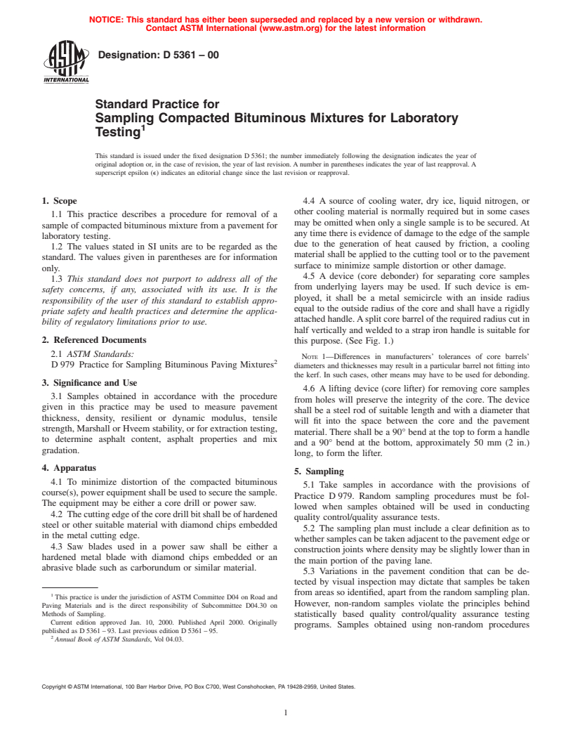 ASTM D5361-00 - Standard Practice for Sampling Compacted Bituminous Mixtures for Laboratory Testing