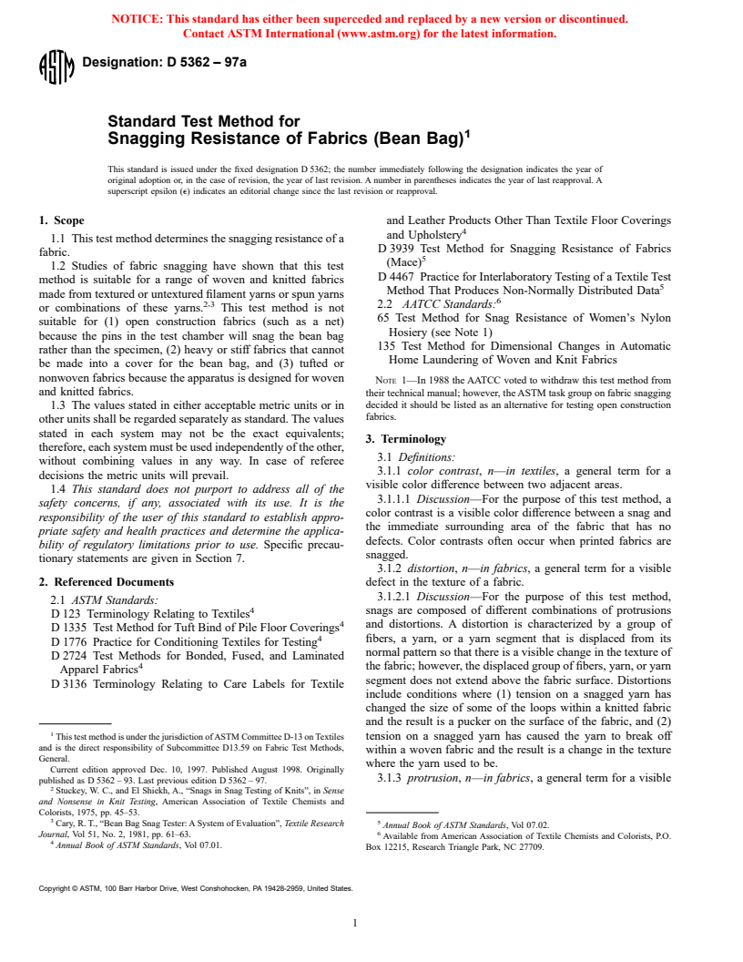 ASTM D5362-97a - Standard Test Method for Snagging Resistance of Fabrics (Bean Bag Test Method)