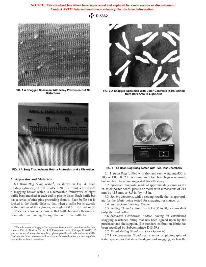 ASTM D5362-97a - Standard Test Method for Snagging Resistance of Fabrics (Bean Bag Test Method)