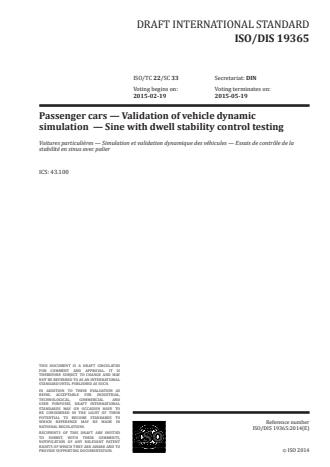 ISO 19365:2016 - Passenger cars -- Validation of vehicle dynamic simulation -- Sine with dwell stability control testing