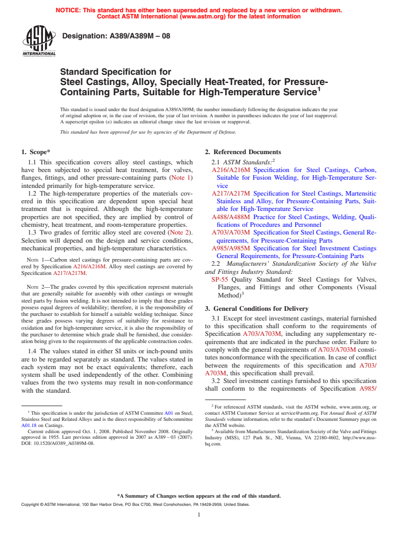 ASTM A389/A389M-08 - Standard Specification for  Steel Castings, Alloy, Specially Heat-Treated, for Pressure-Containing Parts, Suitable for High-Temperature Service