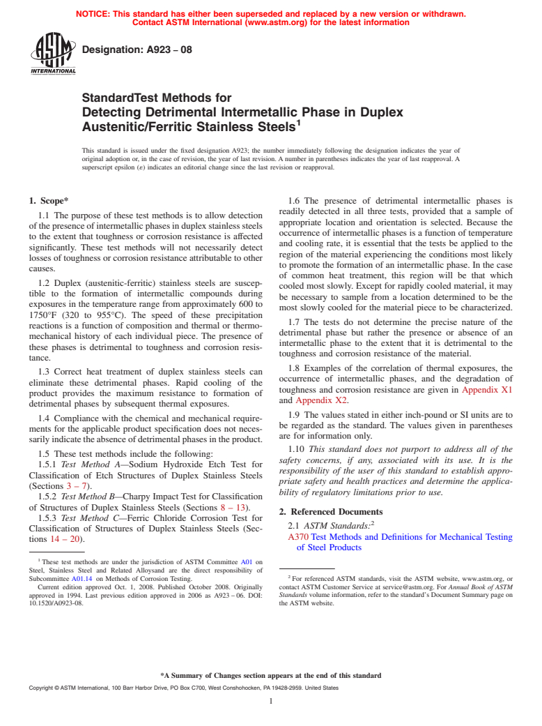 ASTM A923-08 - Standard Test Methods for Detecting Detrimental Intermetallic Phase in Duplex Austenitic/Ferritic Stainless Steels