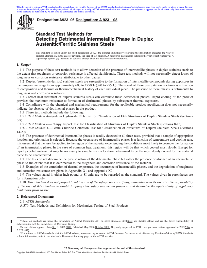 REDLINE ASTM A923-08 - Standard Test Methods for Detecting Detrimental Intermetallic Phase in Duplex Austenitic/Ferritic Stainless Steels