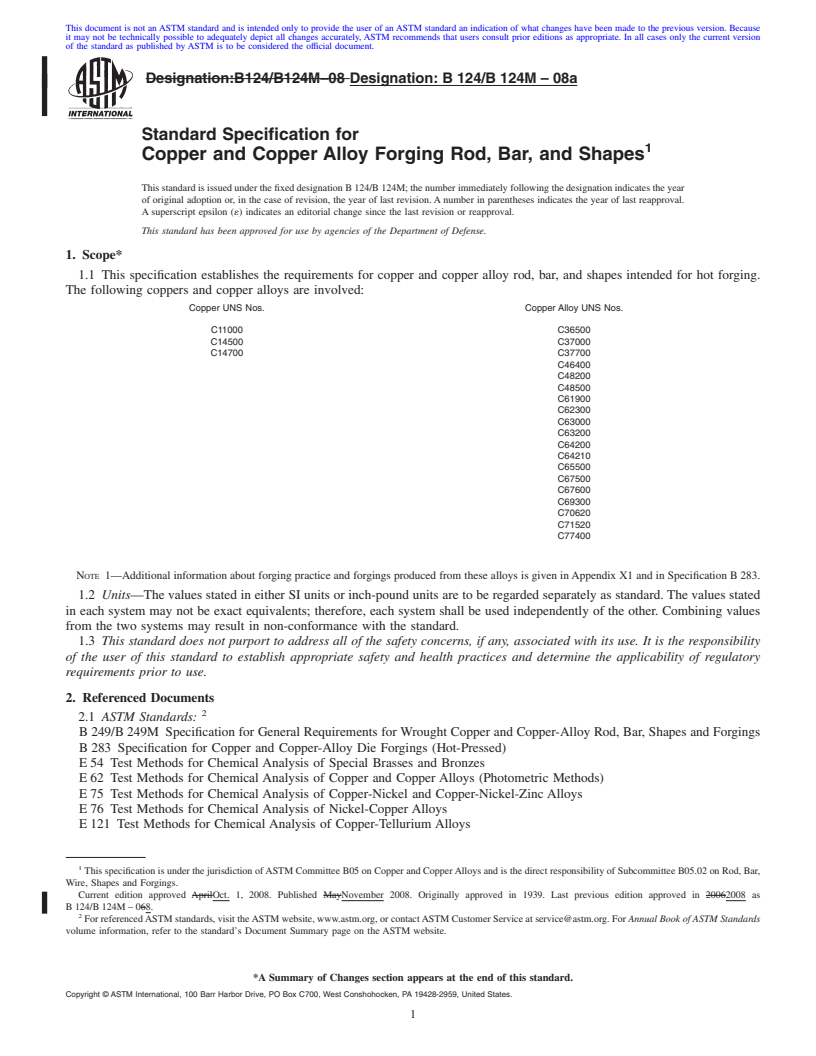 REDLINE ASTM B124/B124M-08a - Standard Specification for  Copper and Copper Alloy Forging Rod, Bar, and Shapes