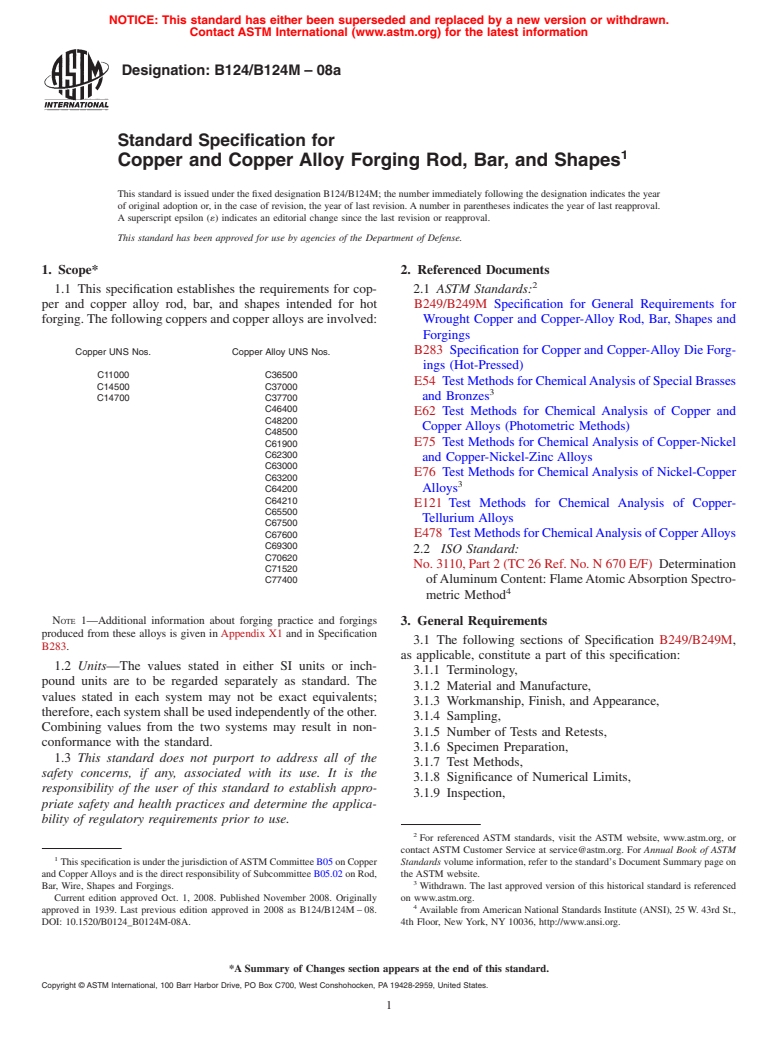 ASTM B124/B124M-08a - Standard Specification for  Copper and Copper Alloy Forging Rod, Bar, and Shapes