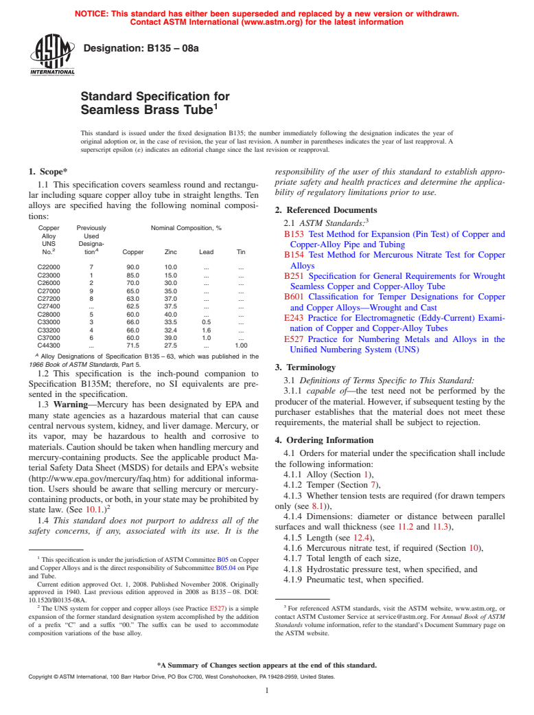 ASTM B135-08a - Standard Specification for  Seamless Brass Tube