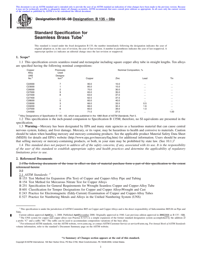 REDLINE ASTM B135-08a - Standard Specification for  Seamless Brass Tube