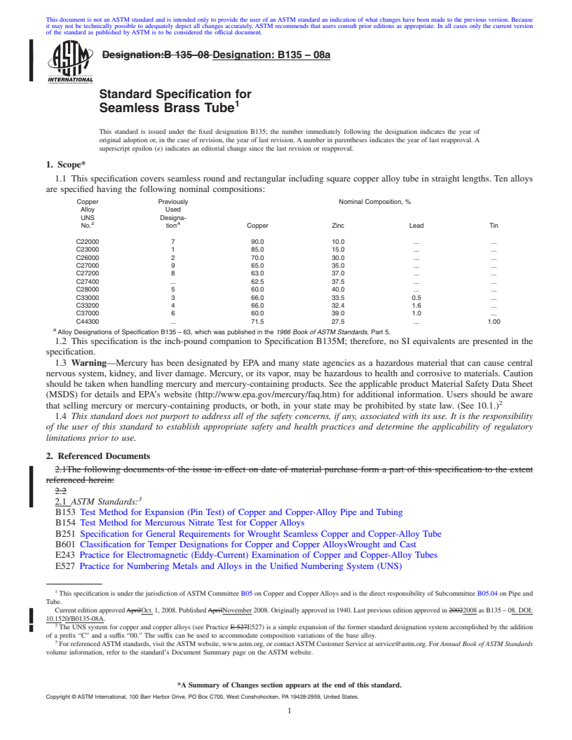 REDLINE ASTM B135-08a - Standard Specification for  Seamless Brass Tube