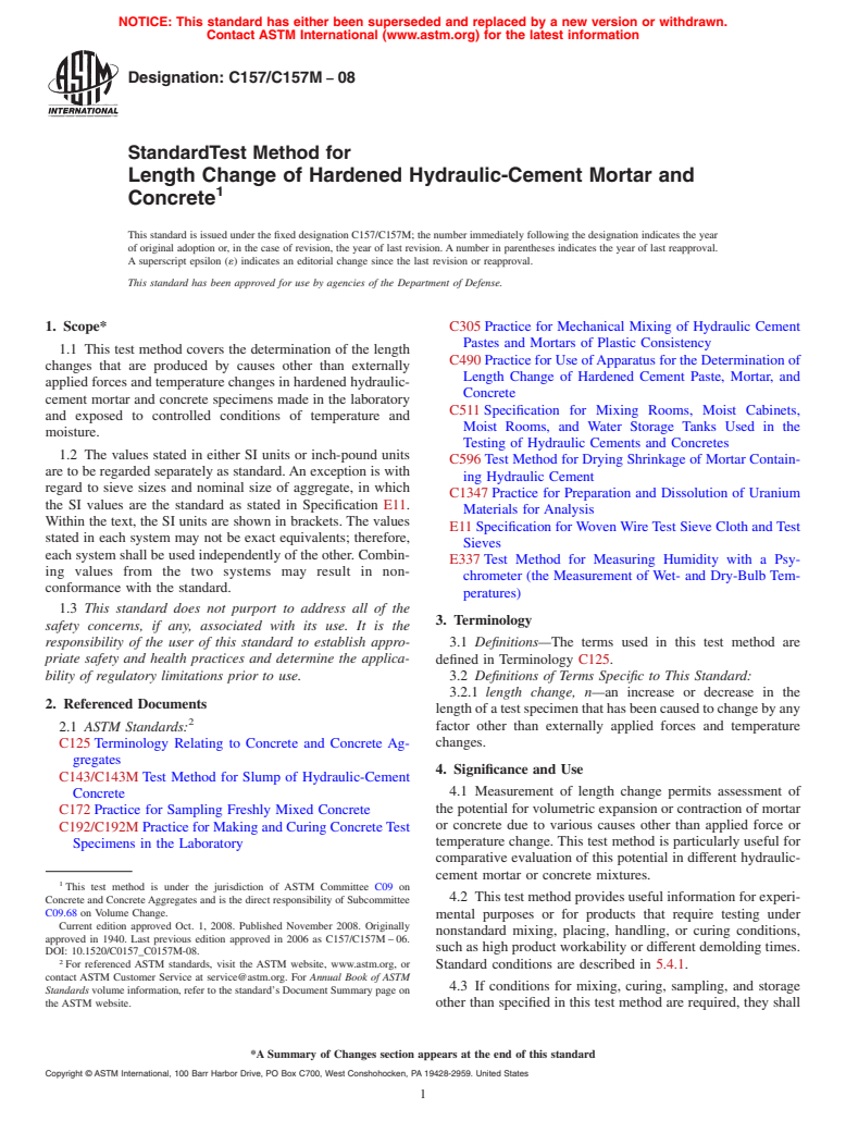 ASTM C157/C157M-08 - Standard Test Method for Length Change of Hardened Hydraulic-Cement Mortar and Concrete