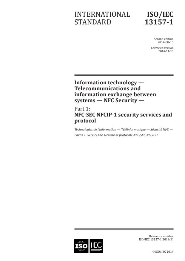 ISO/IEC 13157-1:2014 - Information technology -- Telecommunications and information exchange between systems -- NFC Security