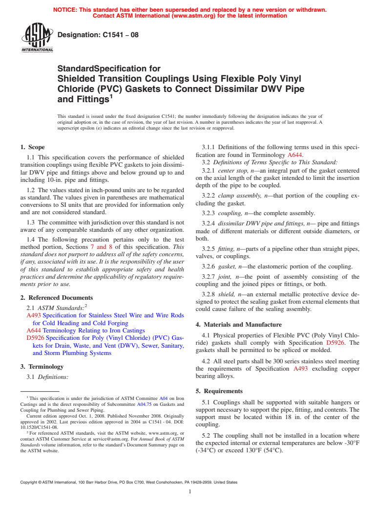 ASTM C1541-08 - Standard Specification for Shielded Transition Couplings Using Flexible Poly Vinyl Chloride (PVC) Gaskets to Connect Dissimilar DWV Pipe and Fittings