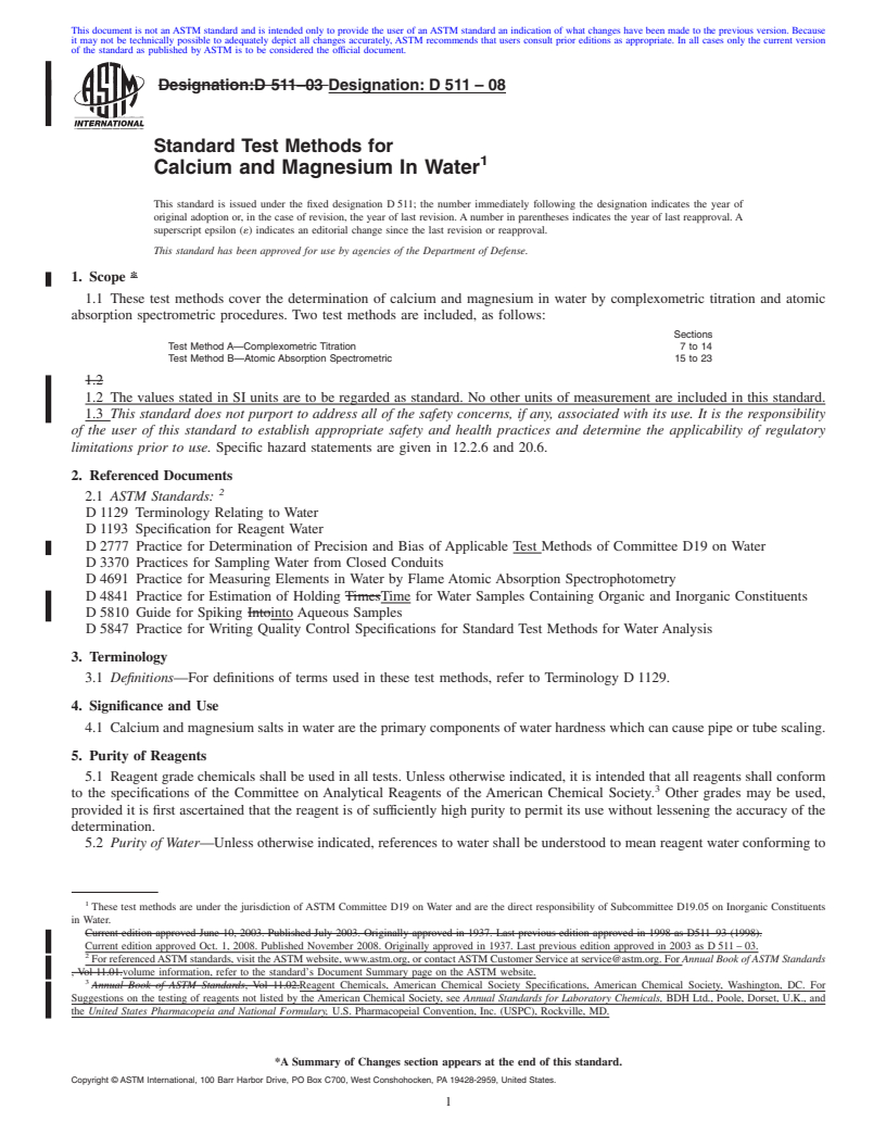 REDLINE ASTM D511-08 - Standard Test Methods for Calcium and Magnesium In Water