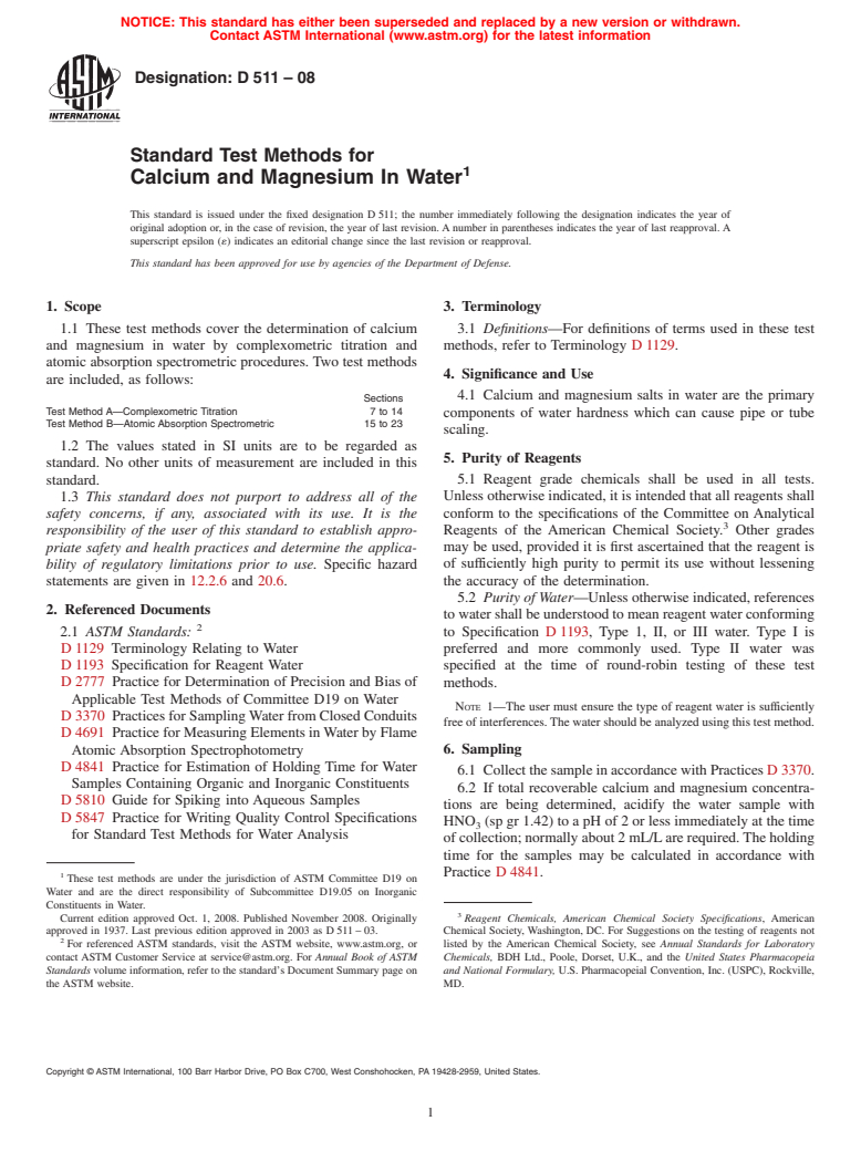 ASTM D511-08 - Standard Test Methods for Calcium and Magnesium In Water