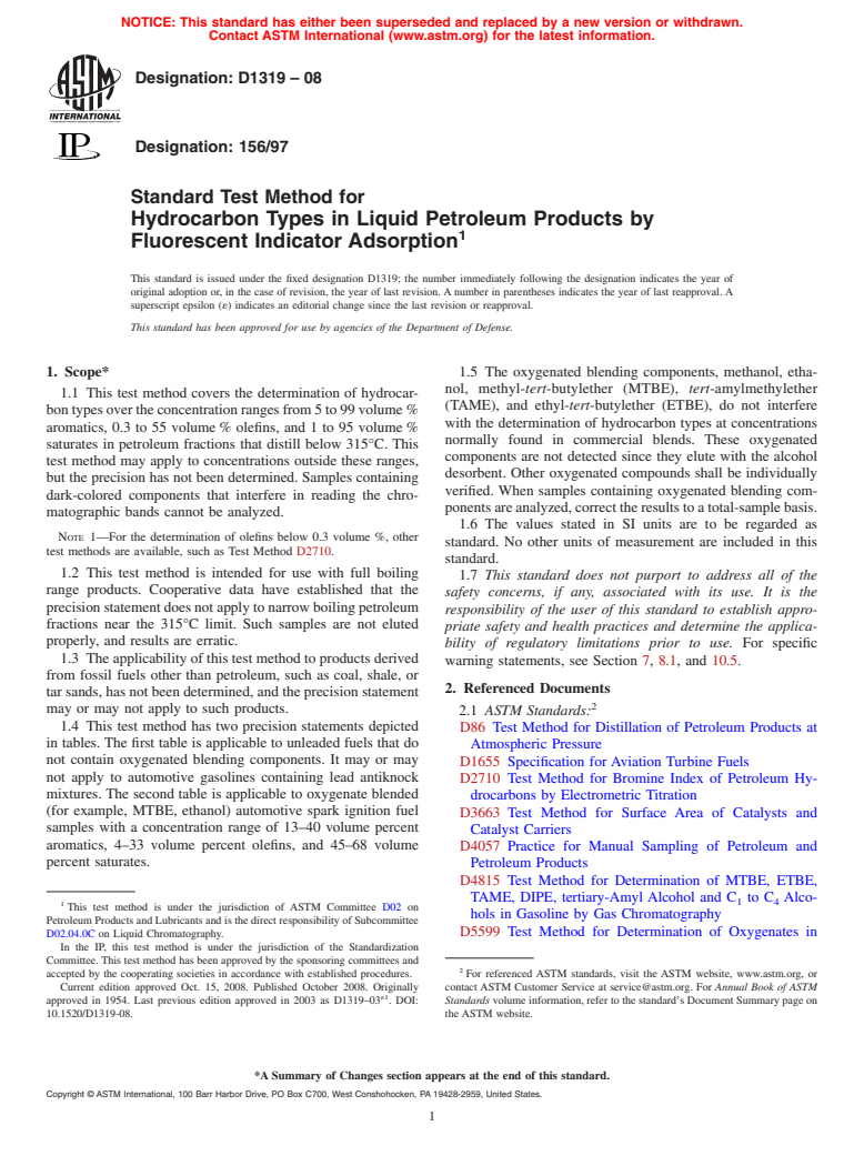 ASTM D1319-08 - Standard Test Method for Hydrocarbon Types in Liquid Petroleum Products by Fluorescent Indicator Adsorption