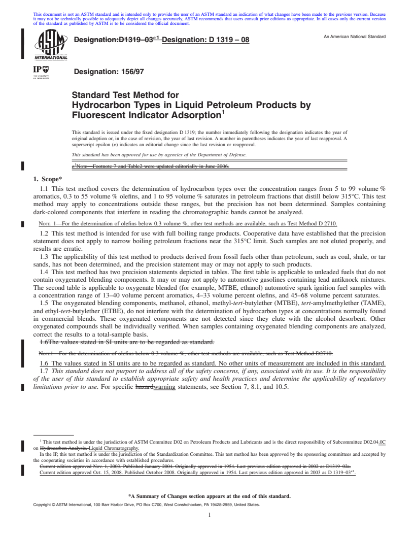 REDLINE ASTM D1319-08 - Standard Test Method for Hydrocarbon Types in Liquid Petroleum Products by Fluorescent Indicator Adsorption