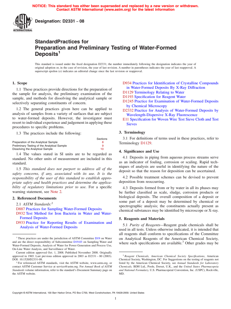 ASTM D2331-08 - Standard Practices for Preparation and Preliminary Testing of Water-Formed Deposits