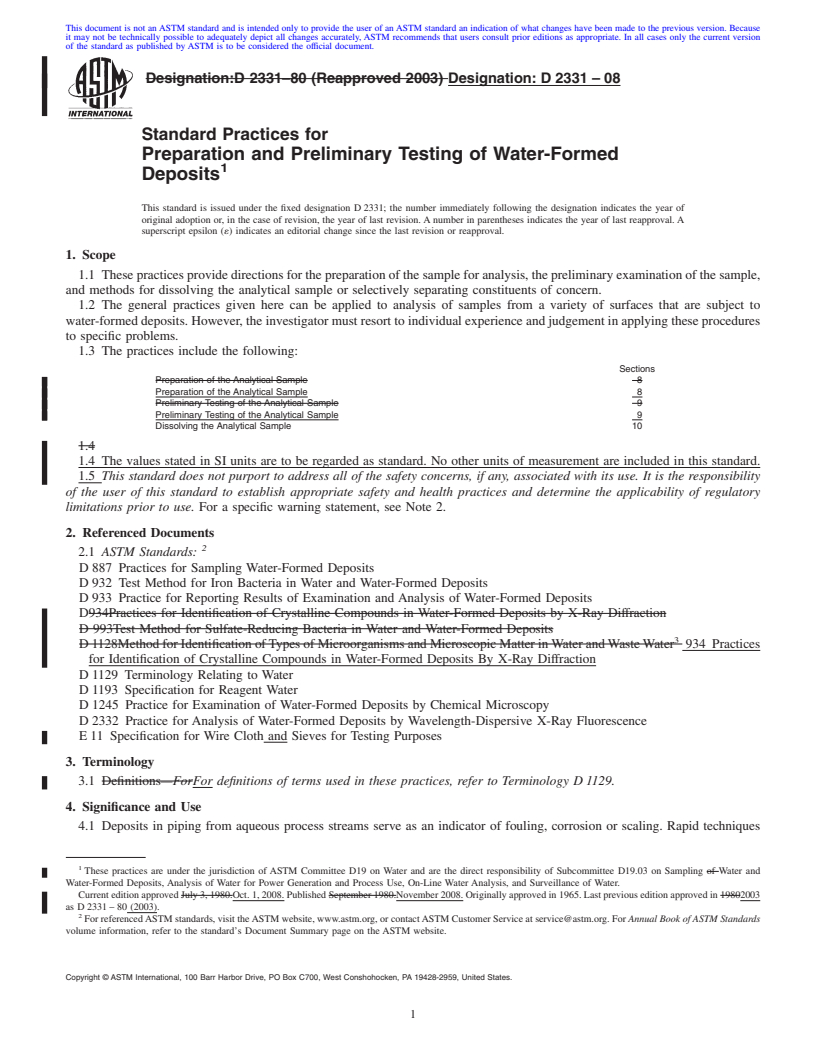 REDLINE ASTM D2331-08 - Standard Practices for Preparation and Preliminary Testing of Water-Formed Deposits