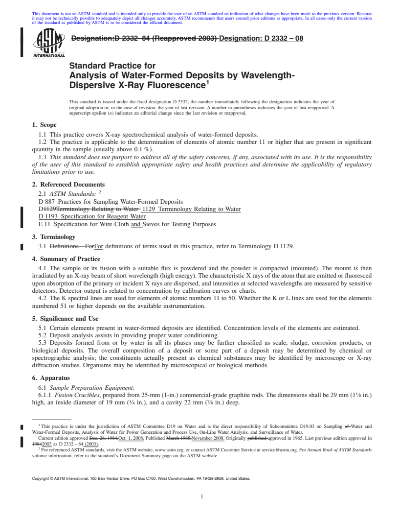 REDLINE ASTM D2332-08 - Standard Practice for  Analysis of Water-Formed Deposits by Wavelength-Dispersive X-Ray Fluorescence