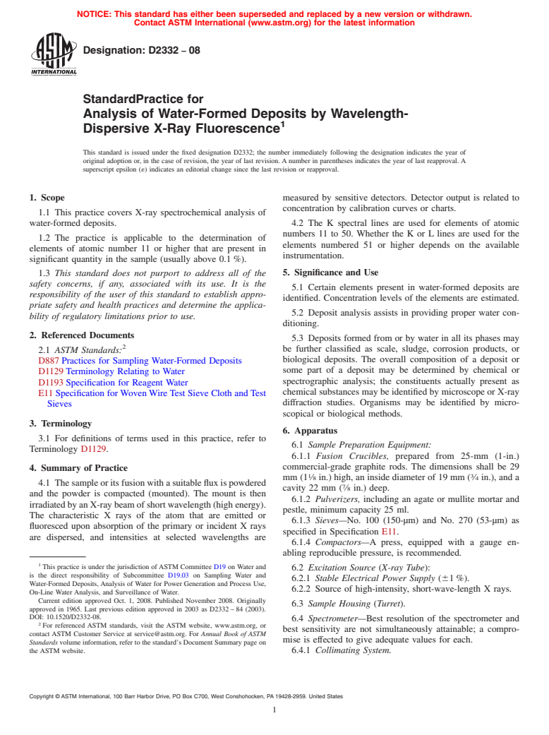 ASTM D2332-08 - Standard Practice for  Analysis of Water-Formed Deposits by Wavelength-Dispersive X-Ray Fluorescence