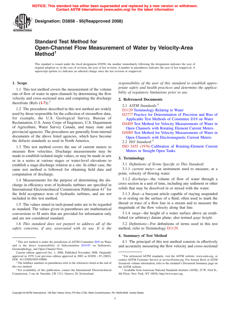 ASTM D3858-95(2008) - Standard Test Method for Open-Channel Flow Measurement of Water by Velocity-Area Method