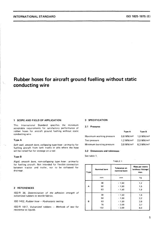 ISO 1825:1975 - Rubber hoses for aircraft ground fuelling without static conducting wire
