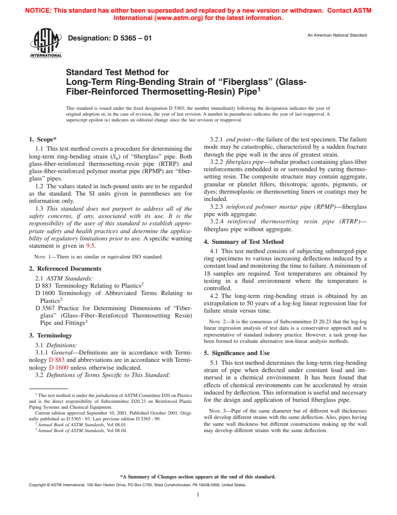 ASTM D5365-01 - Standard Test Method for Long-Term Ring-Bending Strain of "Fiberglass" (Glass-Fiber-Reinforced Thermosetting-Resin) Pipe