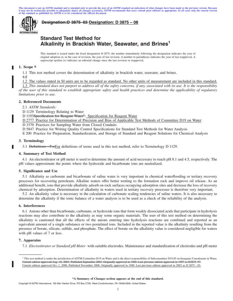 REDLINE ASTM D3875-08 - Standard Test Method for Alkalinity in Brackish Water, Seawater, and Brines