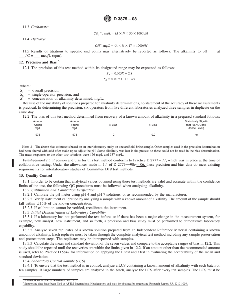 REDLINE ASTM D3875-08 - Standard Test Method for Alkalinity in Brackish Water, Seawater, and Brines