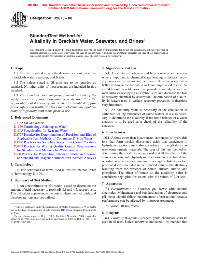 ASTM D3875-08 - Standard Test Method for Alkalinity in Brackish Water, Seawater, and Brines