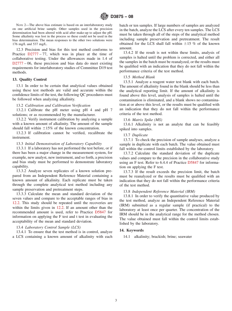 ASTM D3875-08 - Standard Test Method for Alkalinity in Brackish Water, Seawater, and Brines