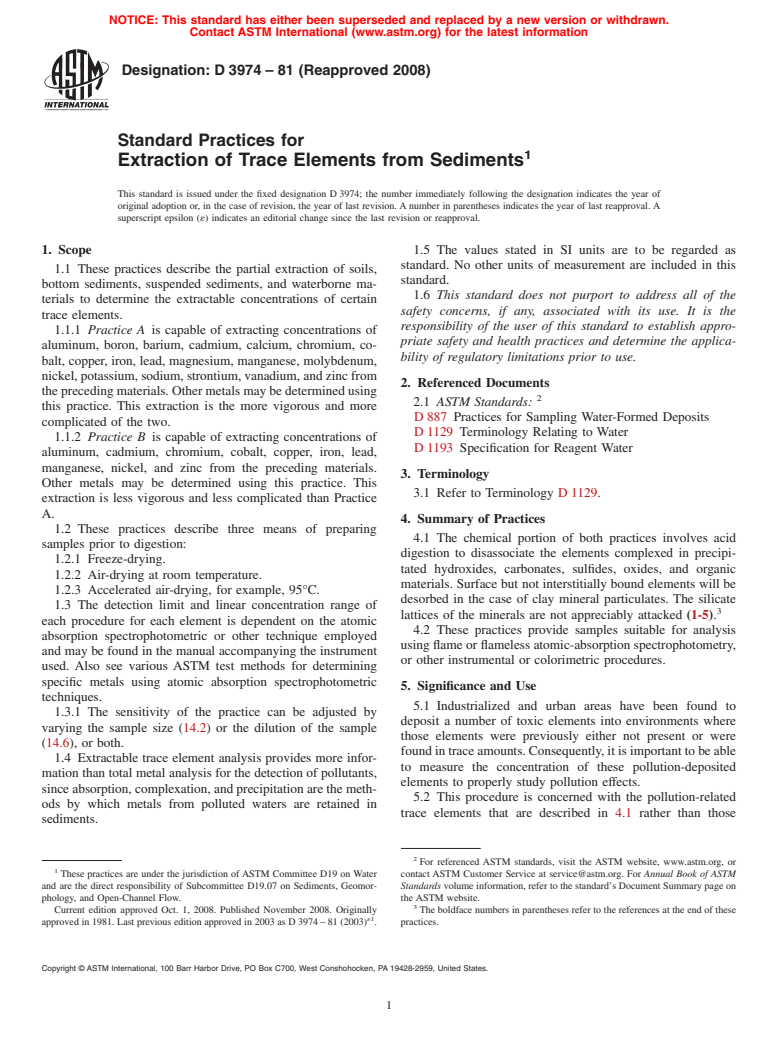 ASTM D3974-81(2008) - Standard Practices for Extraction of Trace Elements from Sediments