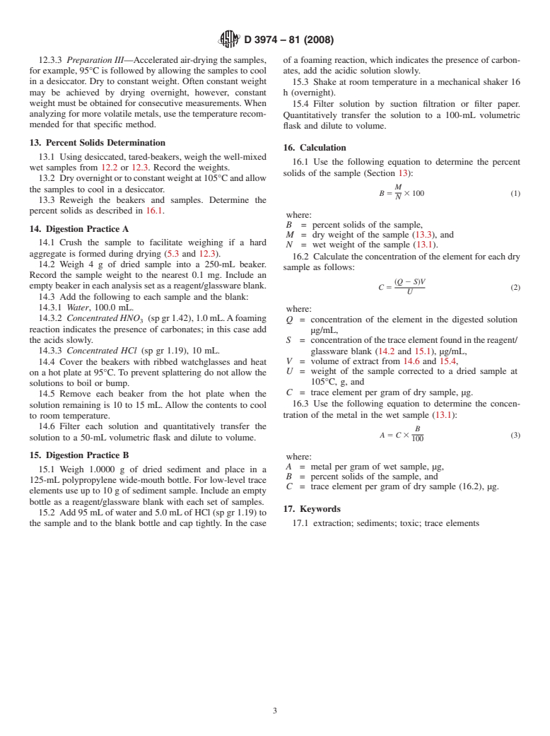 ASTM D3974-81(2008) - Standard Practices for Extraction of Trace Elements from Sediments