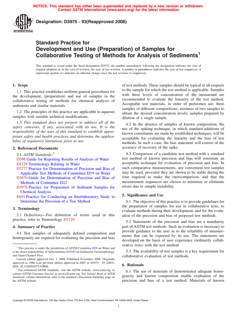 ASTM D3975-93(2008) - Standard Practice for  Development and Use (Preparation) of Samples for Collaborative Testing of Methods for Analysis of Sediments