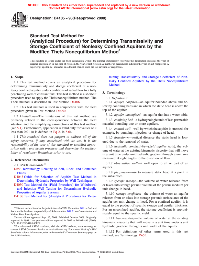 ASTM D4105-96(2008) - Standard Test Method for (Analytical Procedure) for Determining Transmissivity and Storage Coefficient of Nonleaky Confined Aquifers by the Modified Theis Nonequilibrium Method