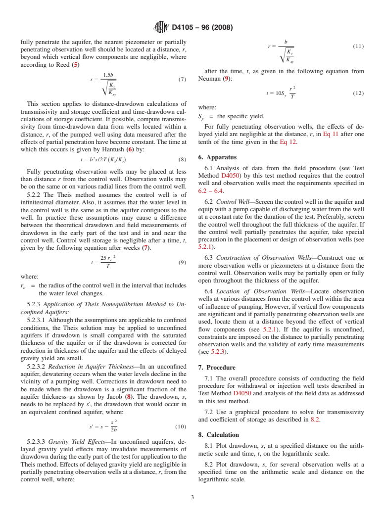 ASTM D4105-96(2008) - Standard Test Method for (Analytical Procedure) for Determining Transmissivity and Storage Coefficient of Nonleaky Confined Aquifers by the Modified Theis Nonequilibrium Method