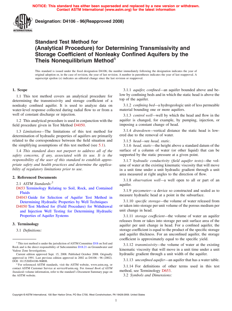 ASTM D4106-96(2008) - Standard Test Method for (Analytical Procedure) for Determining Transmissivity and Storage Coefficient of Nonleaky Confined Aquifers by the Theis Nonequilibrium Method