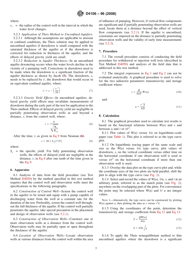 ASTM D4106-96(2008) - Standard Test Method for (Analytical Procedure) for Determining Transmissivity and Storage Coefficient of Nonleaky Confined Aquifers by the Theis Nonequilibrium Method