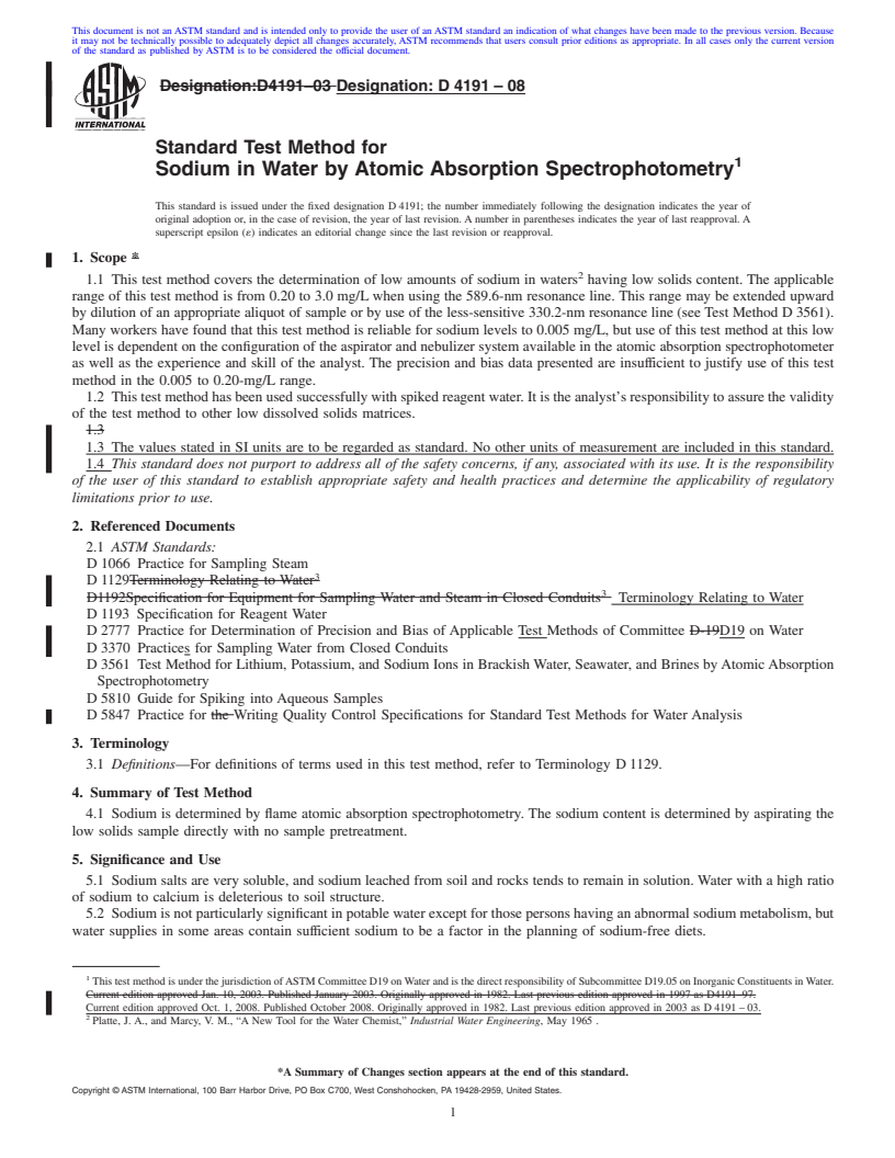 REDLINE ASTM D4191-08 - Standard Test Method for  Sodium in Water by Atomic Absorption Spectrophotometry