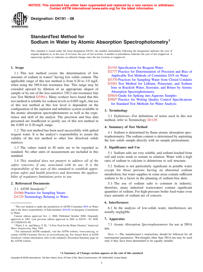 ASTM D4191-08 - Standard Test Method for  Sodium in Water by Atomic Absorption Spectrophotometry