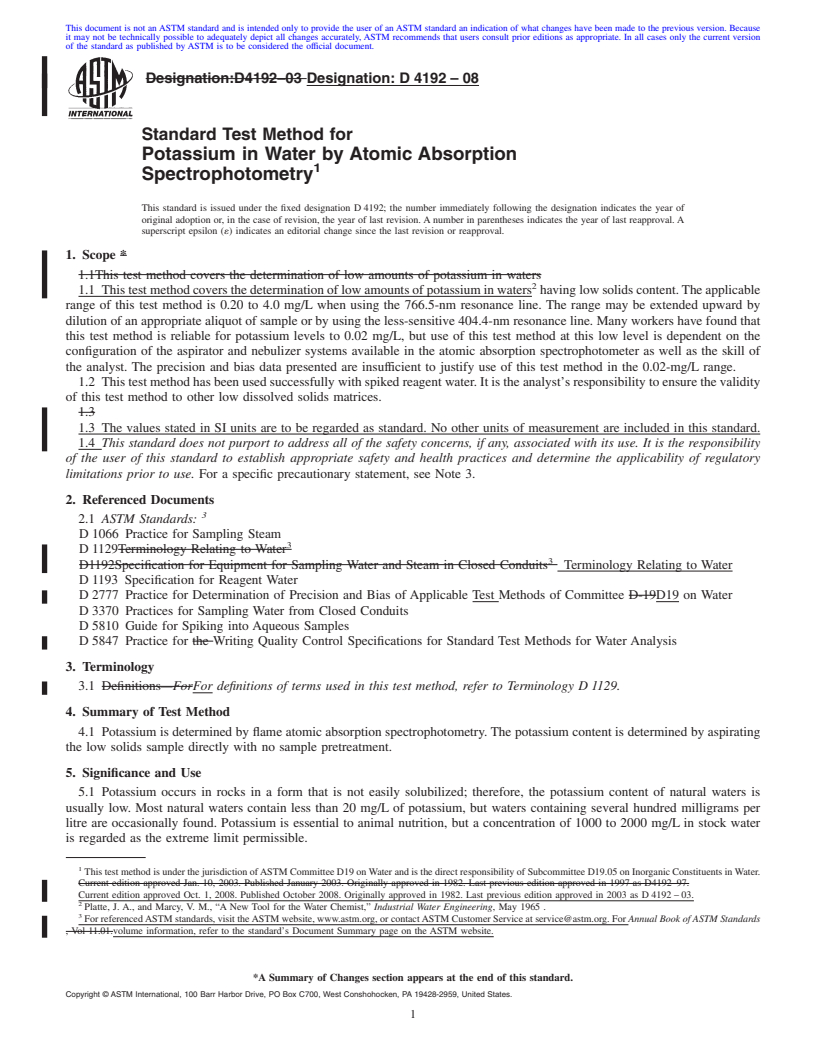 REDLINE ASTM D4192-08 - Standard Test Method for Potassium in Water by Atomic Absorption Spectrophotometry