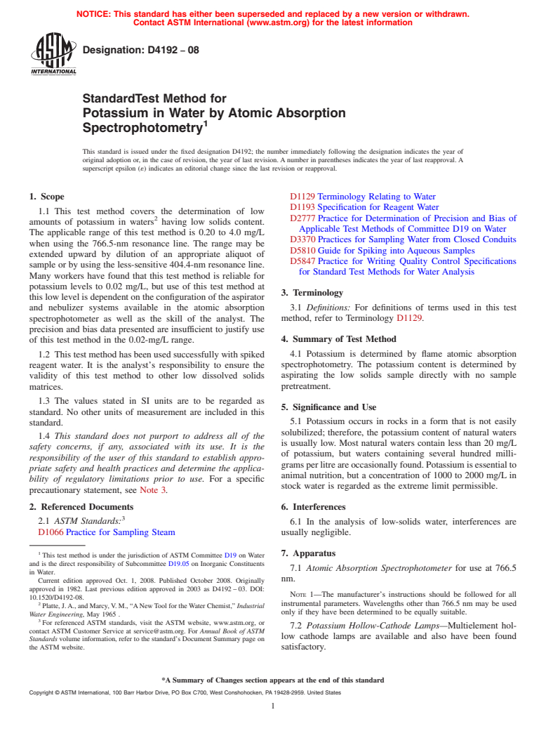 ASTM D4192-08 - Standard Test Method for Potassium in Water by Atomic Absorption Spectrophotometry