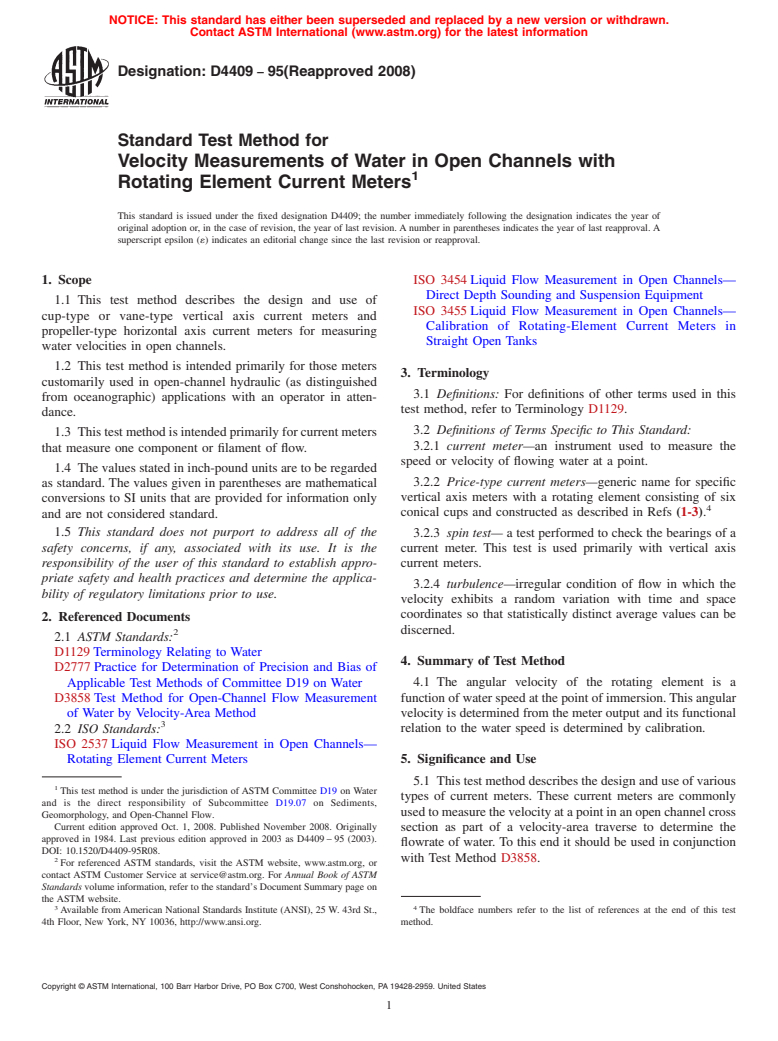 ASTM D4409-95(2008) - Standard Test Method for Velocity Measurements of Water in Open Channels with Rotating Element Current Meters