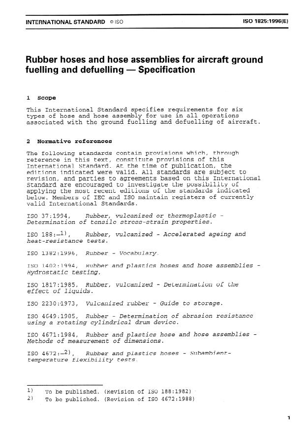 ISO 1825:1996 - Rubber hoses and hose assemblies for aircraft ground fuelling and defuelling -- Specification