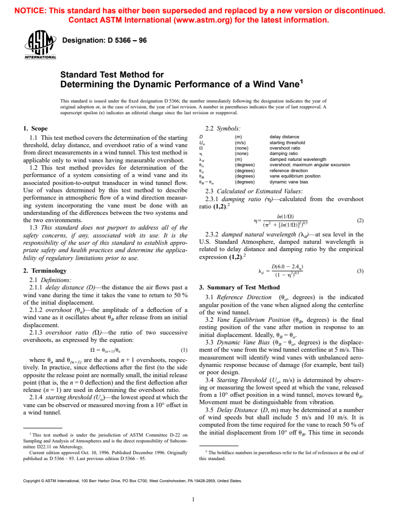 ASTM D5366-96 - Standard Test Method for Determining the Dynamic Performance of a Wind Vane