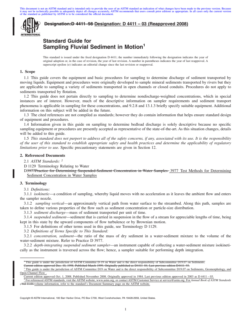 REDLINE ASTM D4411-03(2008) - Standard Guide for Sampling Fluvial Sediment in Motion