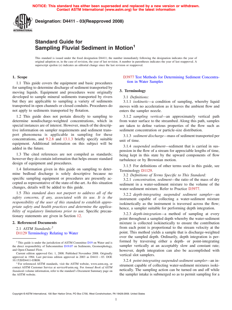 ASTM D4411-03(2008) - Standard Guide for Sampling Fluvial Sediment in Motion