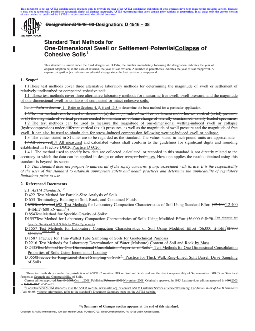 REDLINE ASTM D4546-08 - Standard Test Methods for One-Dimensional Swell or Collapse of Cohesive Soils