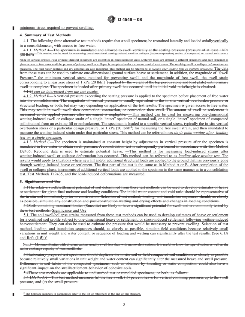 REDLINE ASTM D4546-08 - Standard Test Methods for One-Dimensional Swell or Collapse of Cohesive Soils